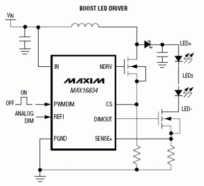 Application circuit for MAX16834 LED driver with PWM dimming Application circuit for MAX16834